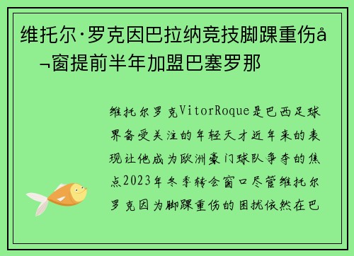 维托尔·罗克因巴拉纳竞技脚踝重伤冬窗提前半年加盟巴塞罗那